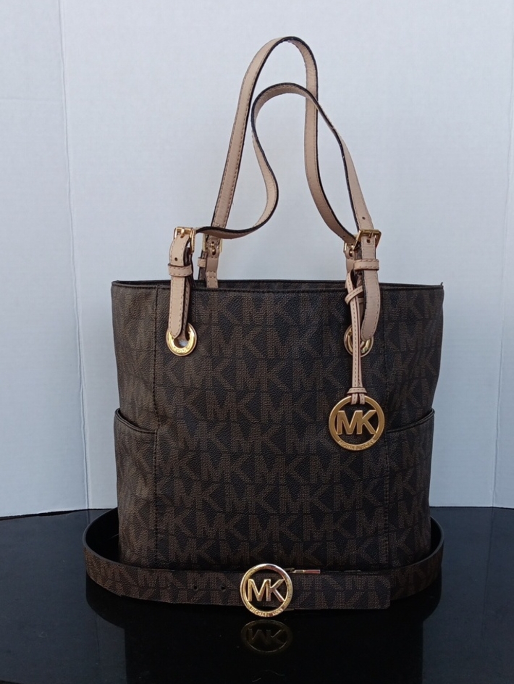 MICHAEL Michael Kors Brown Monogram Tote with Matching Logo Belt Size 12×11×6